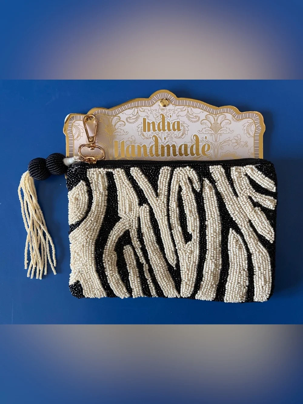 Handmade Black & Cream Beaded Zebra-Pattern Clutch